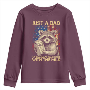 Just A Dad Who Always Came Back With The Milk Youth Sweatshirt Raccoon American Flag Father's Day TS10 Maroon Print Your Wear