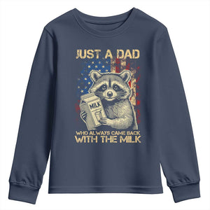 Just A Dad Who Always Came Back With The Milk Youth Sweatshirt Raccoon American Flag Father's Day TS10 Navy Print Your Wear