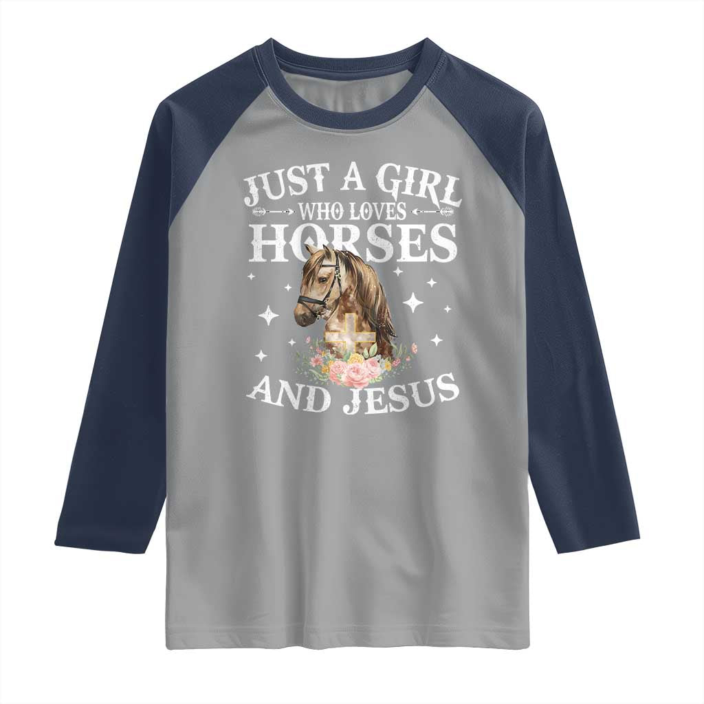 Just A Girl Who Loves Horses And Jesus Raglan Shirt Christian Girls Horse TS11 Sport Gray Navy Print Your Wear