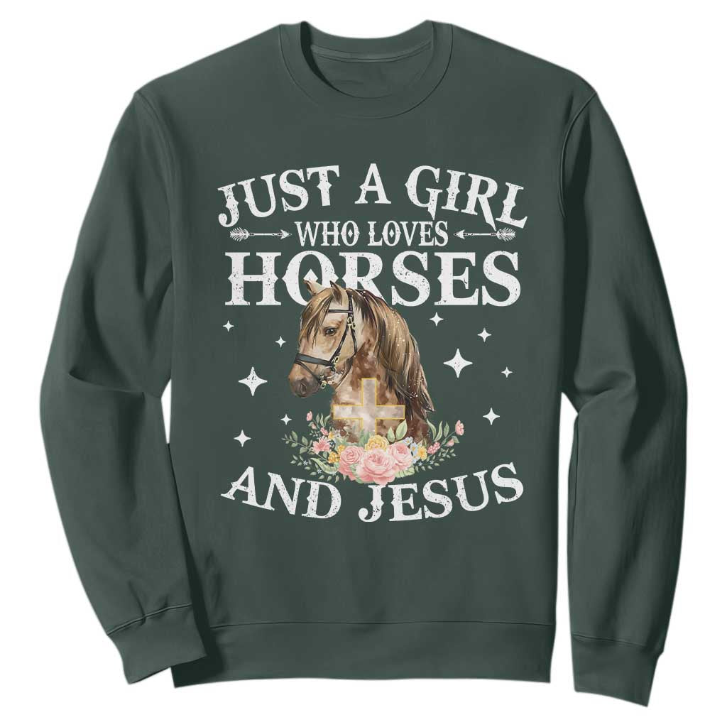 Just A Girl Who Loves Horses And Jesus Sweatshirt Christian Girls Horse TS11 Dark Forest Green Print Your Wear