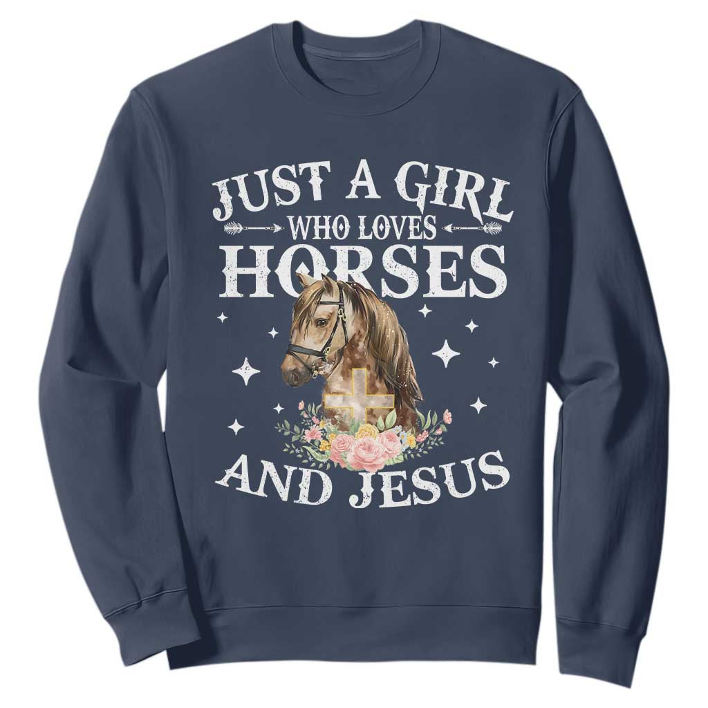 Just A Girl Who Loves Horses And Jesus Sweatshirt Christian Girls Horse TS11 Navy Print Your Wear