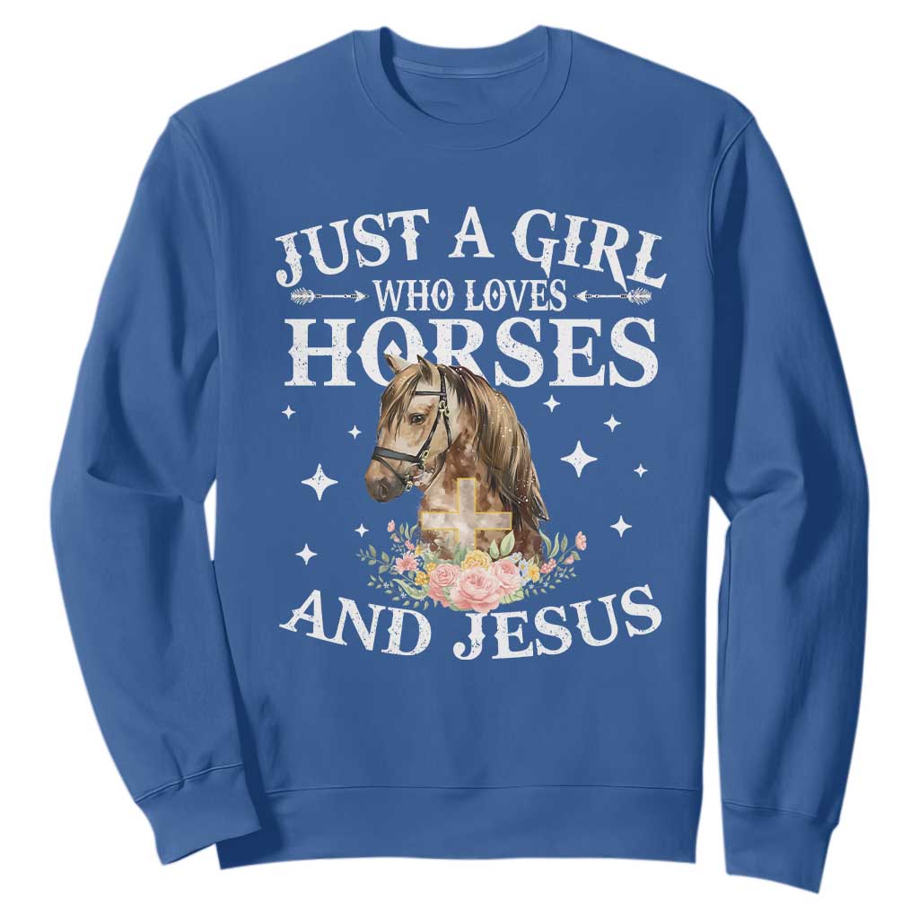 Just A Girl Who Loves Horses And Jesus Sweatshirt Christian Girls Horse TS11 Royal Blue Print Your Wear