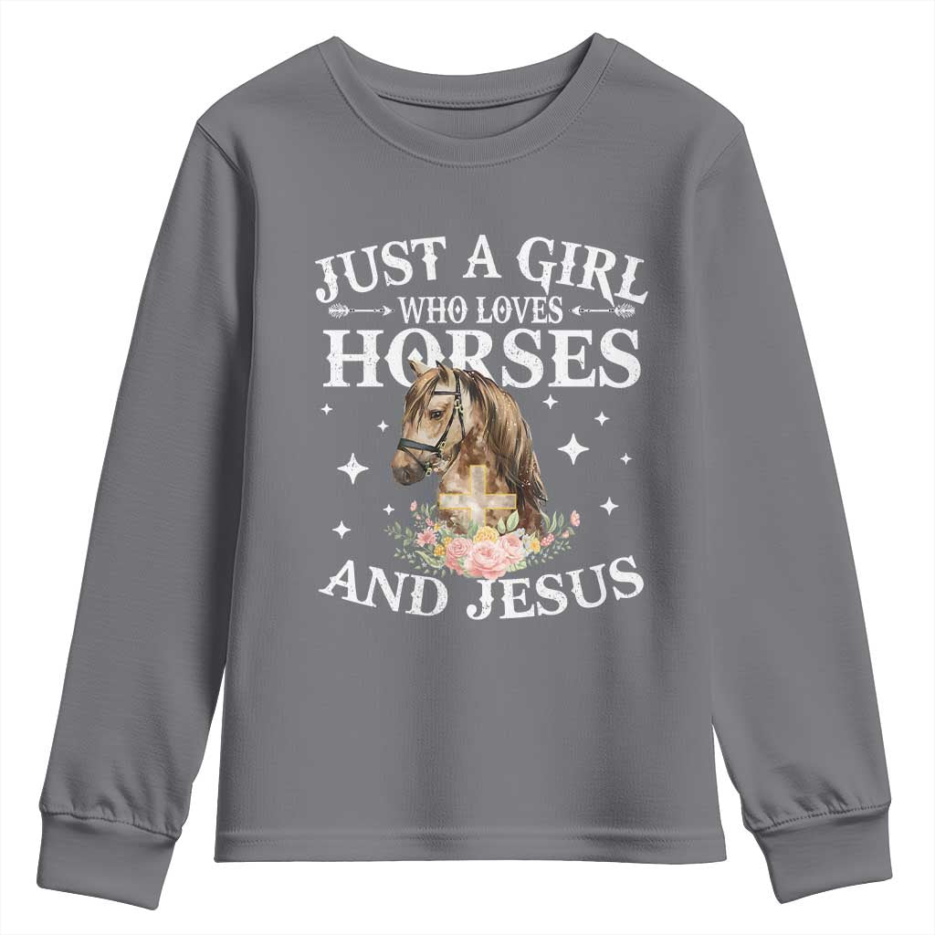 Just A Girl Who Loves Horses And Jesus Youth Sweatshirt Christian Girls Horse TS11 Charcoal Print Your Wear