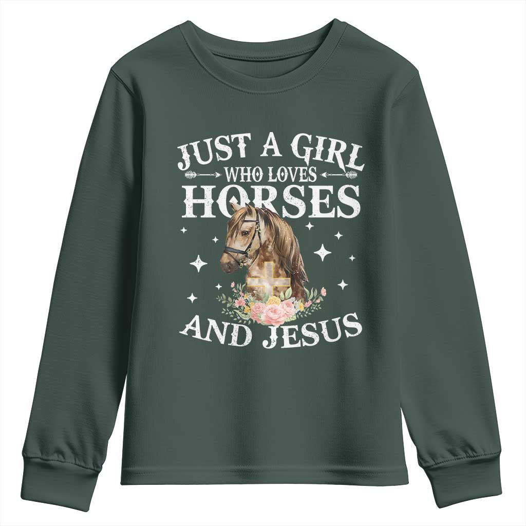 Just A Girl Who Loves Horses And Jesus Youth Sweatshirt Christian Girls Horse TS11 Dark Forest Green Print Your Wear
