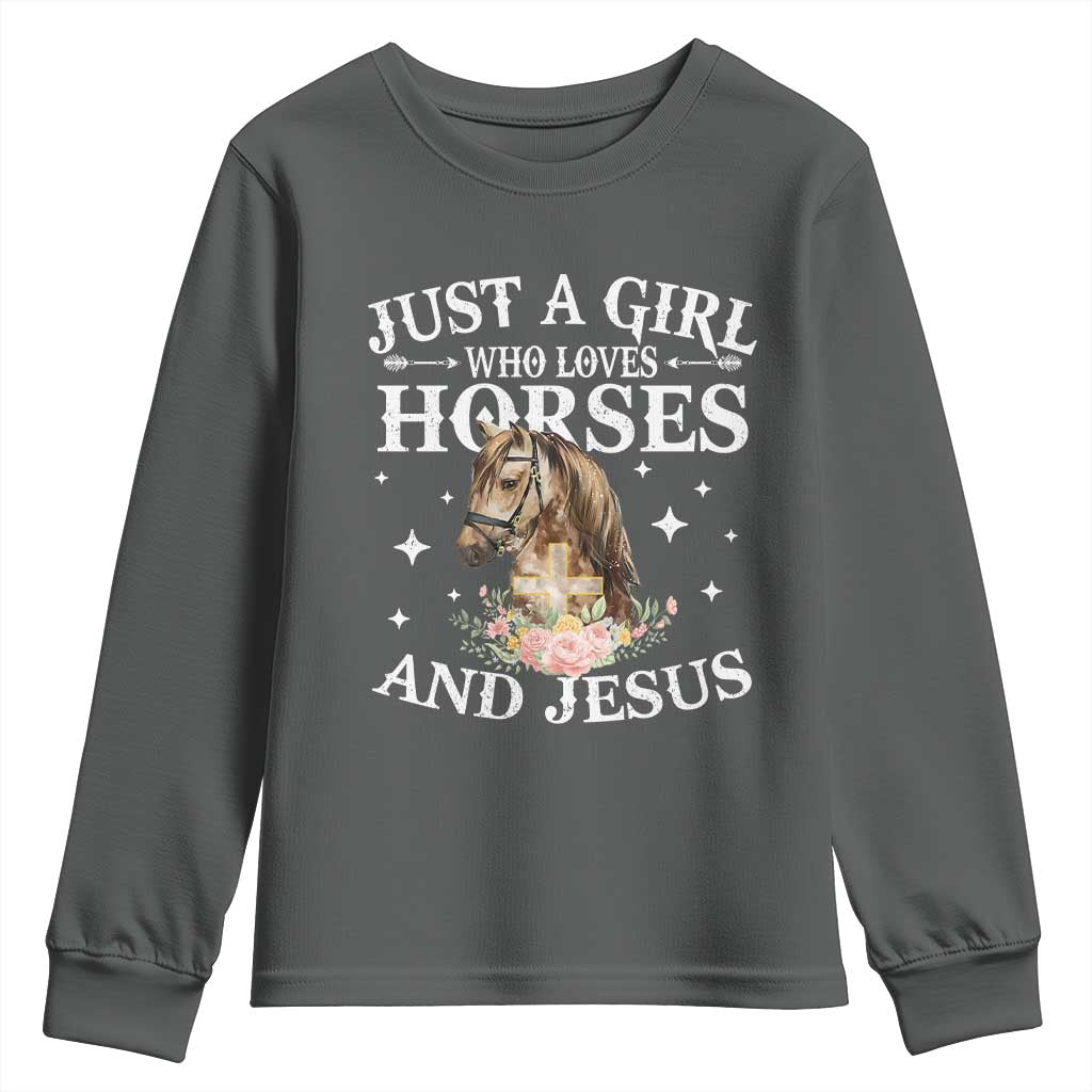 Just A Girl Who Loves Horses And Jesus Youth Sweatshirt Christian Girls Horse TS11 Dark Heather Print Your Wear