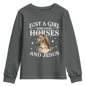 Just A Girl Who Loves Horses And Jesus Youth Sweatshirt Christian Girls Horse TS11 Dark Heather Print Your Wear