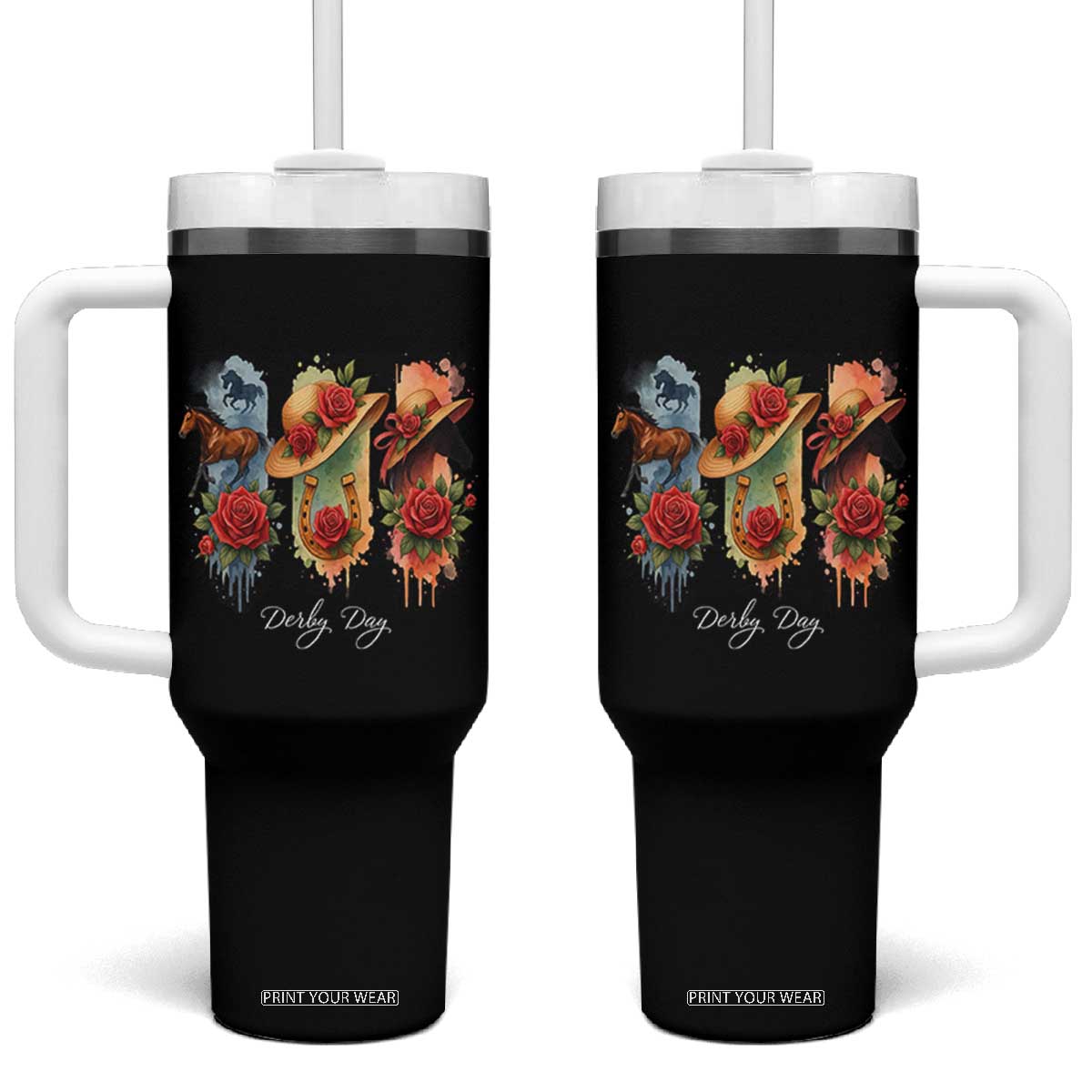 Ky Derby Day Tumbler With Handle Horse Racing Nice Hat Mint Julep and Roses TS02 One Size: 40 oz Black Print Your Wear