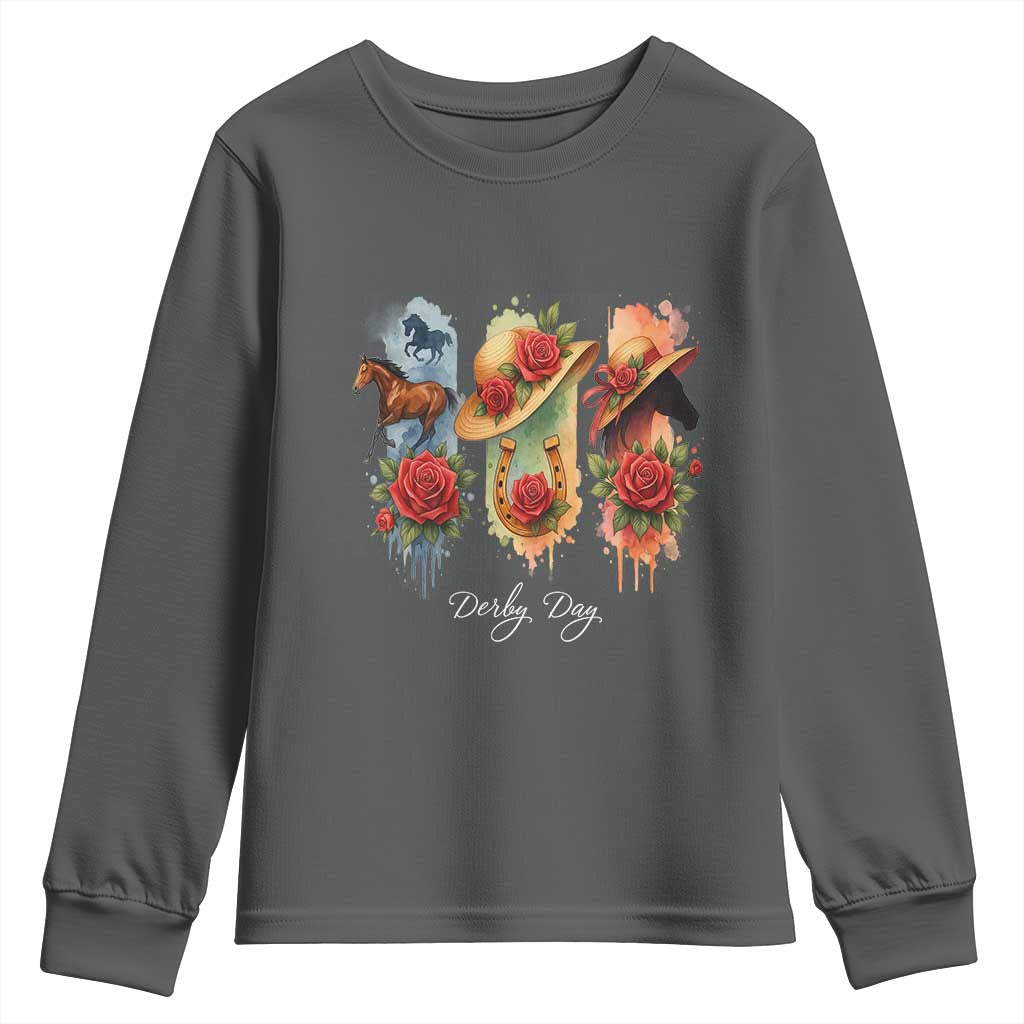 Ky Derby Day Youth Sweatshirt Horse Racing Nice Hat Mint Julep and Roses TS02 Dark Heather Print Your Wear