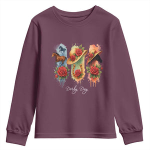 Ky Derby Day Youth Sweatshirt Horse Racing Nice Hat Mint Julep and Roses TS02 Maroon Print Your Wear