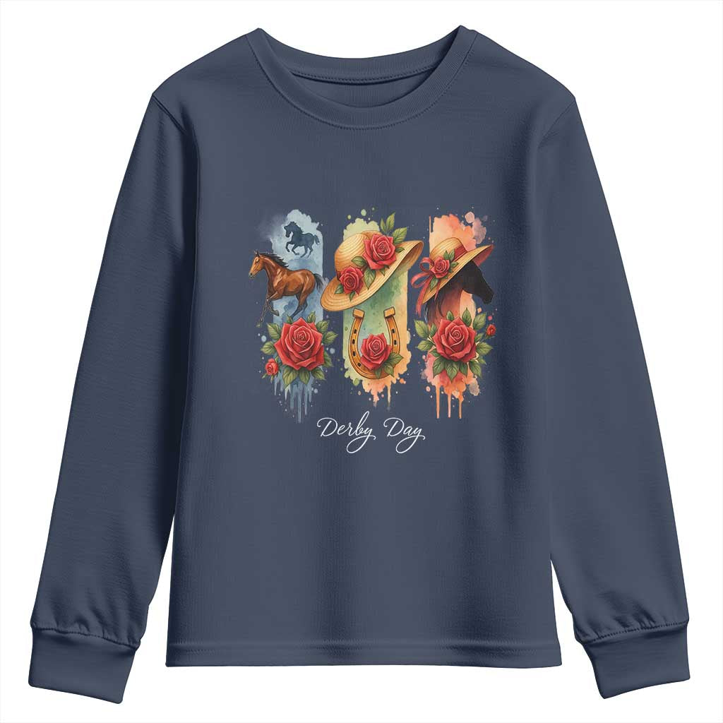Ky Derby Day Youth Sweatshirt Horse Racing Nice Hat Mint Julep and Roses TS02 Navy Print Your Wear