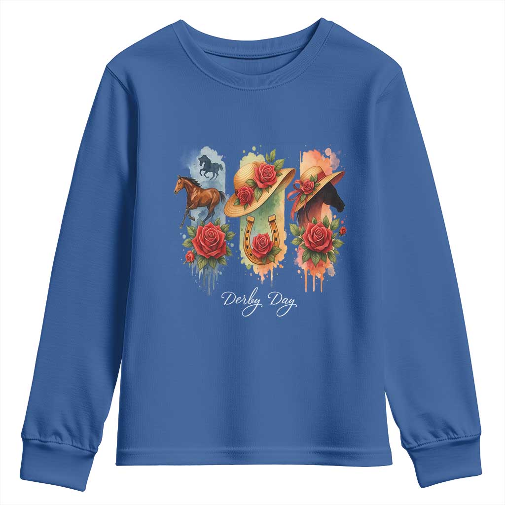 Ky Derby Day Youth Sweatshirt Horse Racing Nice Hat Mint Julep and Roses TS02 Royal Blue Print Your Wear