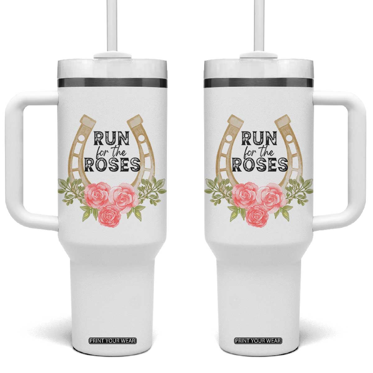 Ky Derby Horse Racing Tumbler With Handle Horses and Roses TS02 One Size: 40 oz White Print Your Wear
