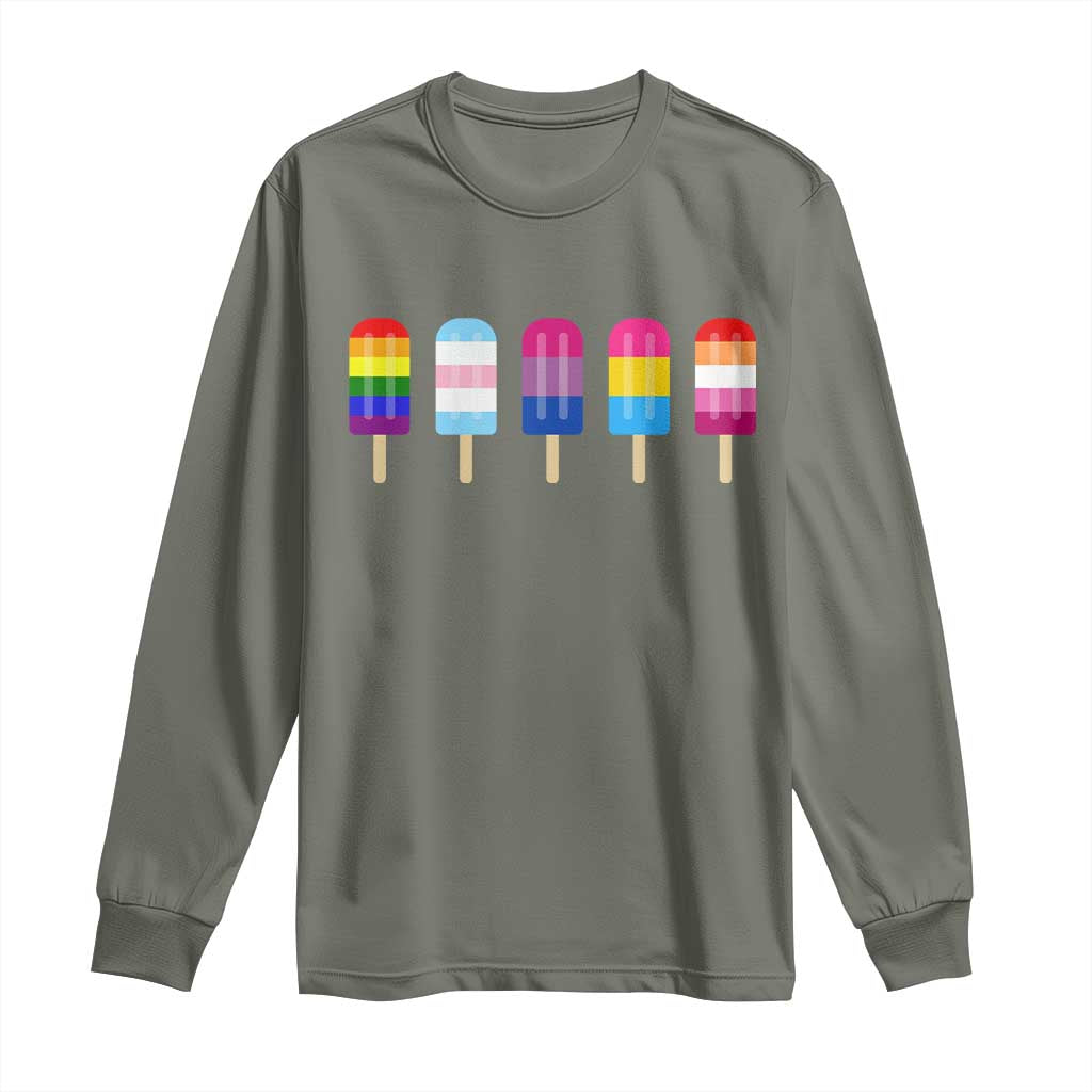 LGBT Rainbow Popsicles Long Sleeve Shirt Summer Ice Cream LGBTQ Pride Ally TS10 Military Green Print Your Wear