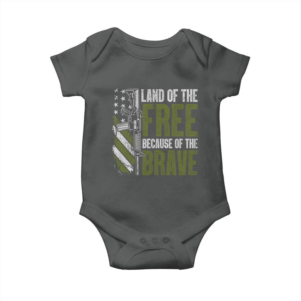 Land of the Free Because of the Brave Baby Onesie Gun American Flag TS10 Dark Heather Print Your Wear