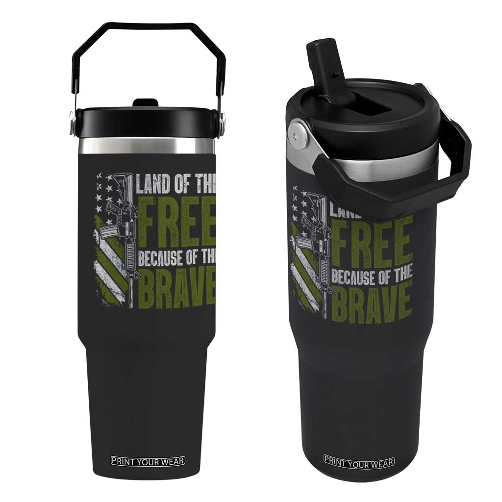 Land of the Free Because of the Brave Flip Straw Tumbler Gun American Flag TS10 One Size: 30 oz Black Print Your Wear