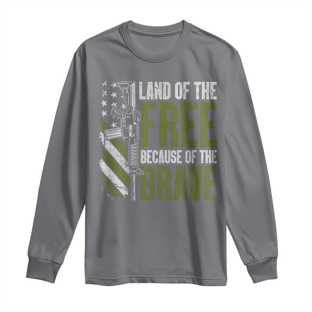 Land of the Free Because of the Brave Long Sleeve Shirt Gun American Flag TS10 Charcoal Print Your Wear