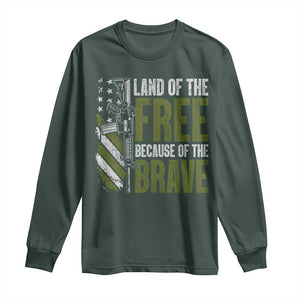 Land of the Free Because of the Brave Long Sleeve Shirt Gun American Flag TS10 Dark Forest Green Print Your Wear