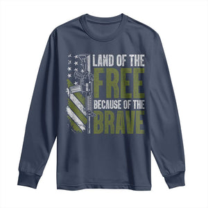 Land of the Free Because of the Brave Long Sleeve Shirt Gun American Flag TS10 Navy Print Your Wear