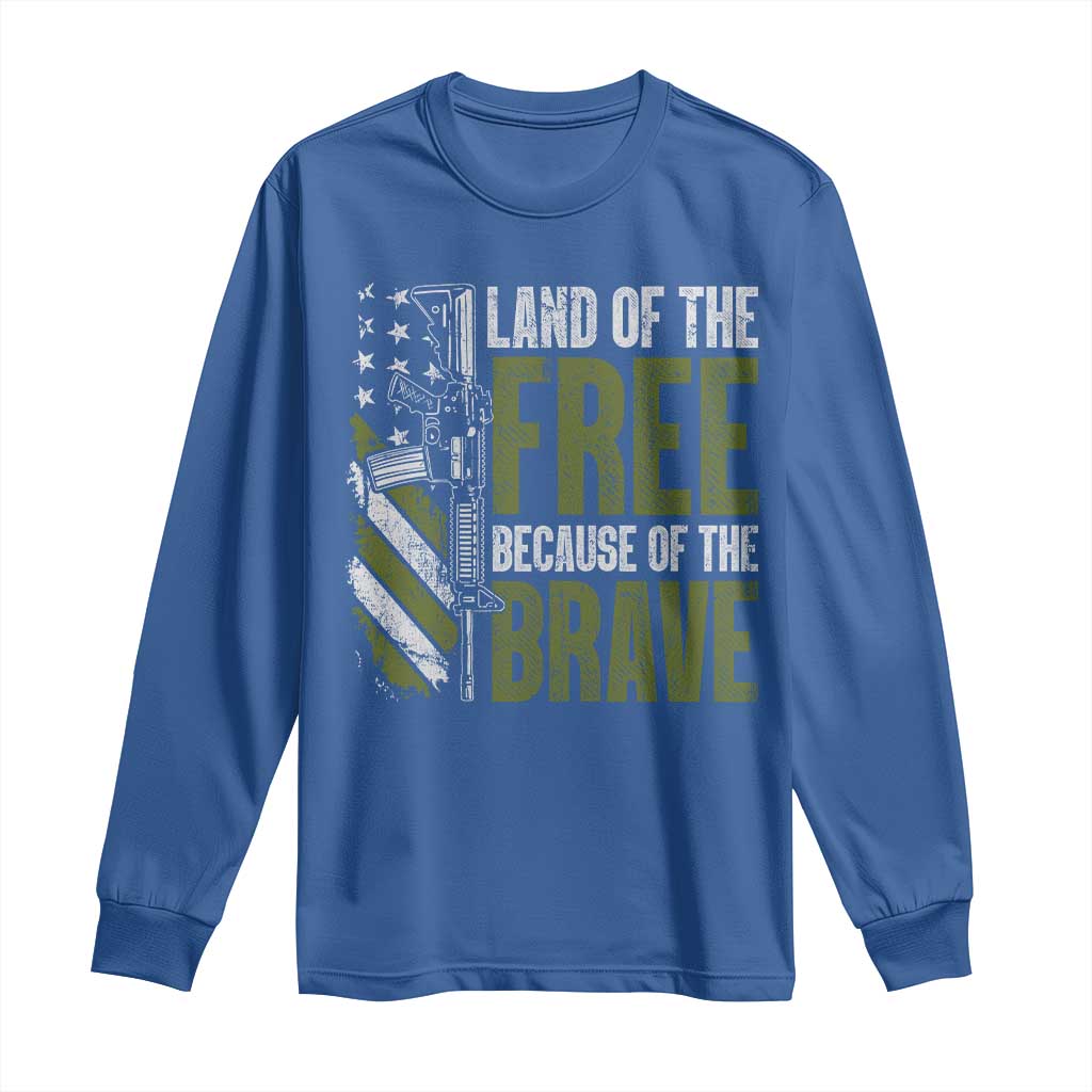 Land of the Free Because of the Brave Long Sleeve Shirt Gun American Flag TS10 Royal Blue Print Your Wear