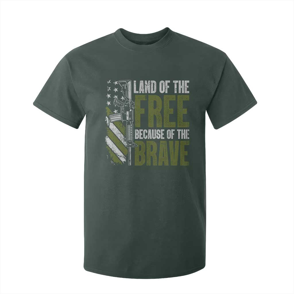 Land of the Free Because of the Brave T Shirt For Kid Gun American Flag TS10 Dark Forest Green Print Your Wear