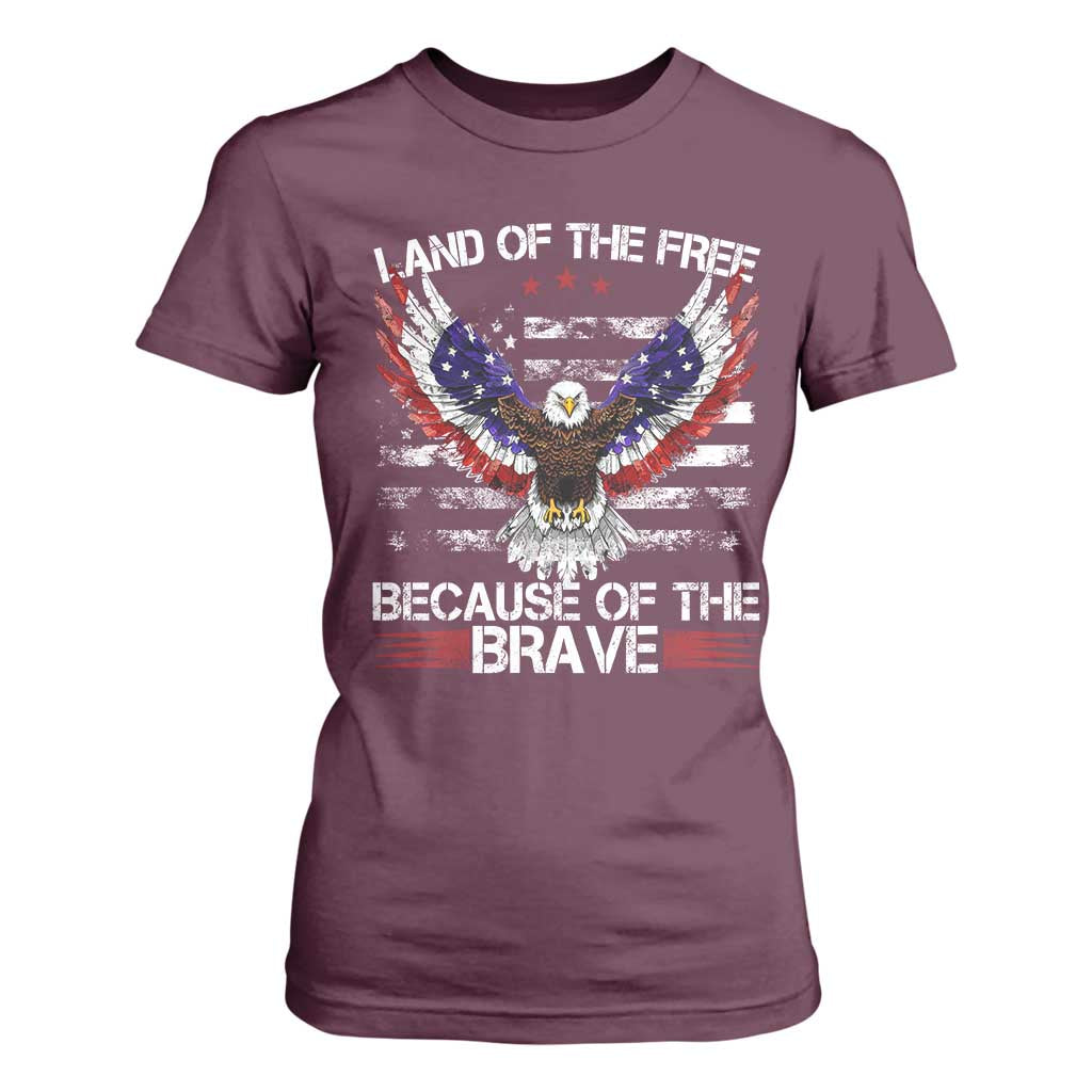 Land of the Free Because of the Brave T Shirt For Women American Flag Patriotic Eagle 4th of July TS10 Maroon Print Your Wear