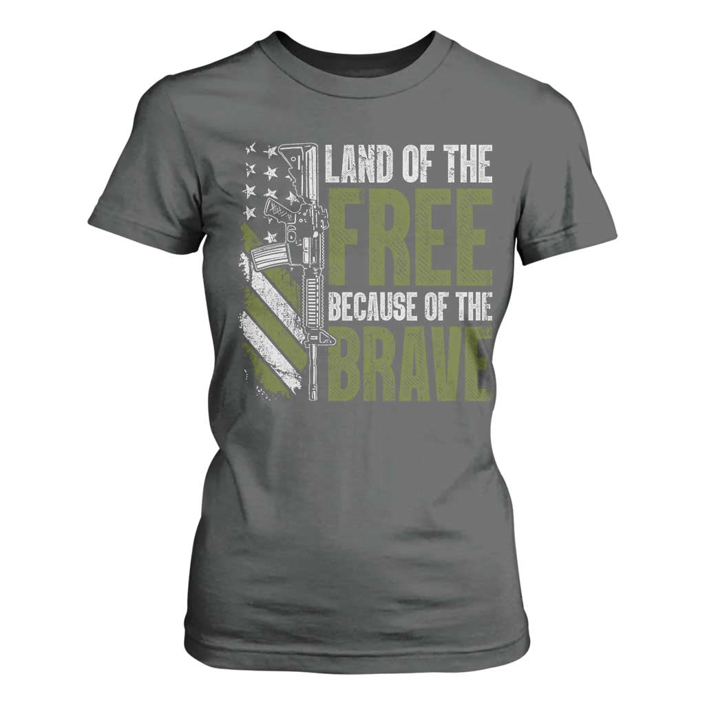 Land of the Free Because of the Brave T Shirt For Women Gun American Flag TS10 Dark Heather Print Your Wear