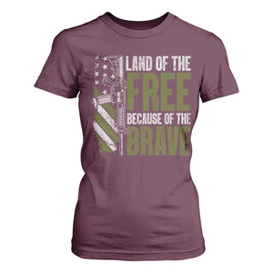 Land of the Free Because of the Brave T Shirt For Women Gun American Flag TS10 Maroon Print Your Wear