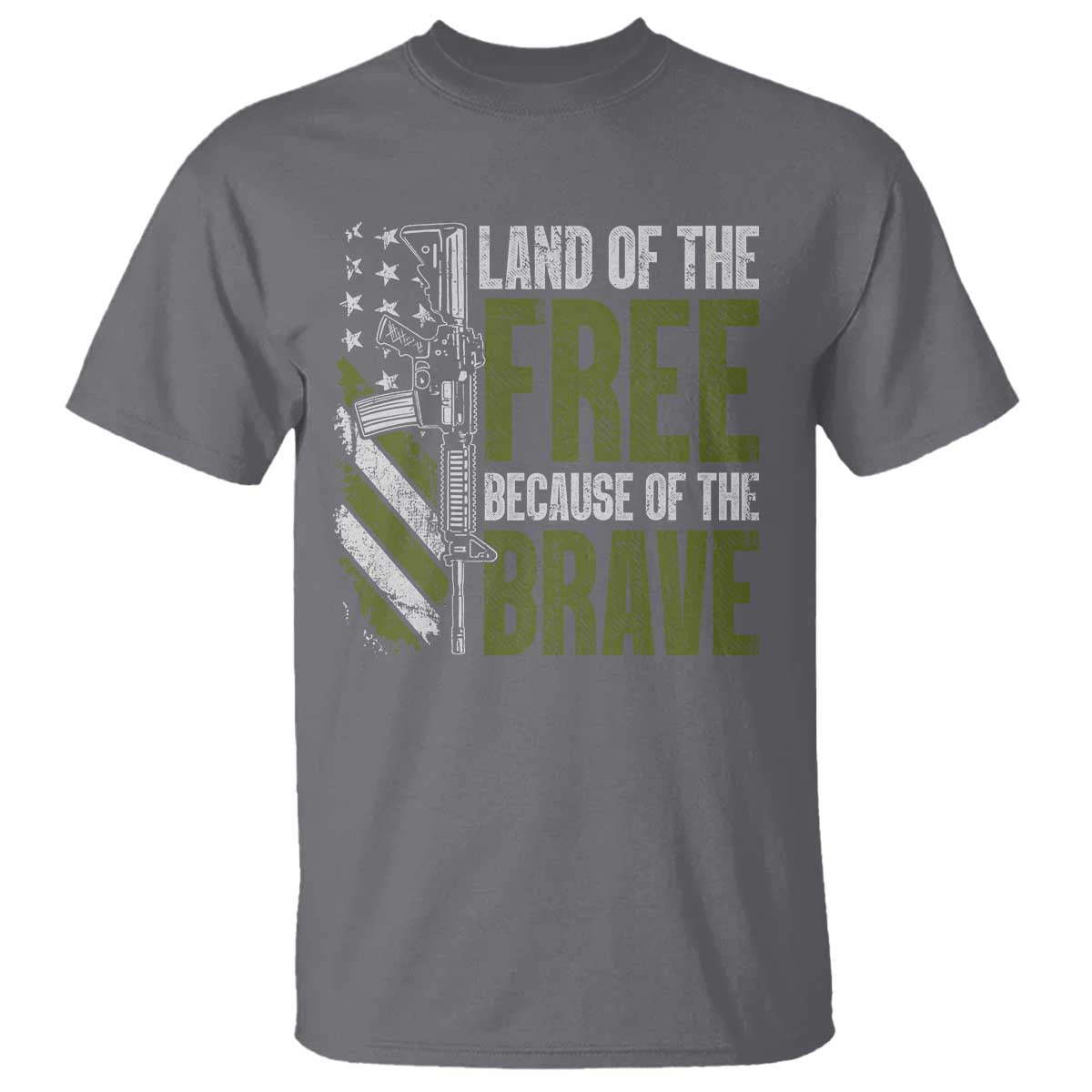 Land of the Free Because of the Brave T Shirt Gun American Flag TS10 Charcoal Print Your Wear