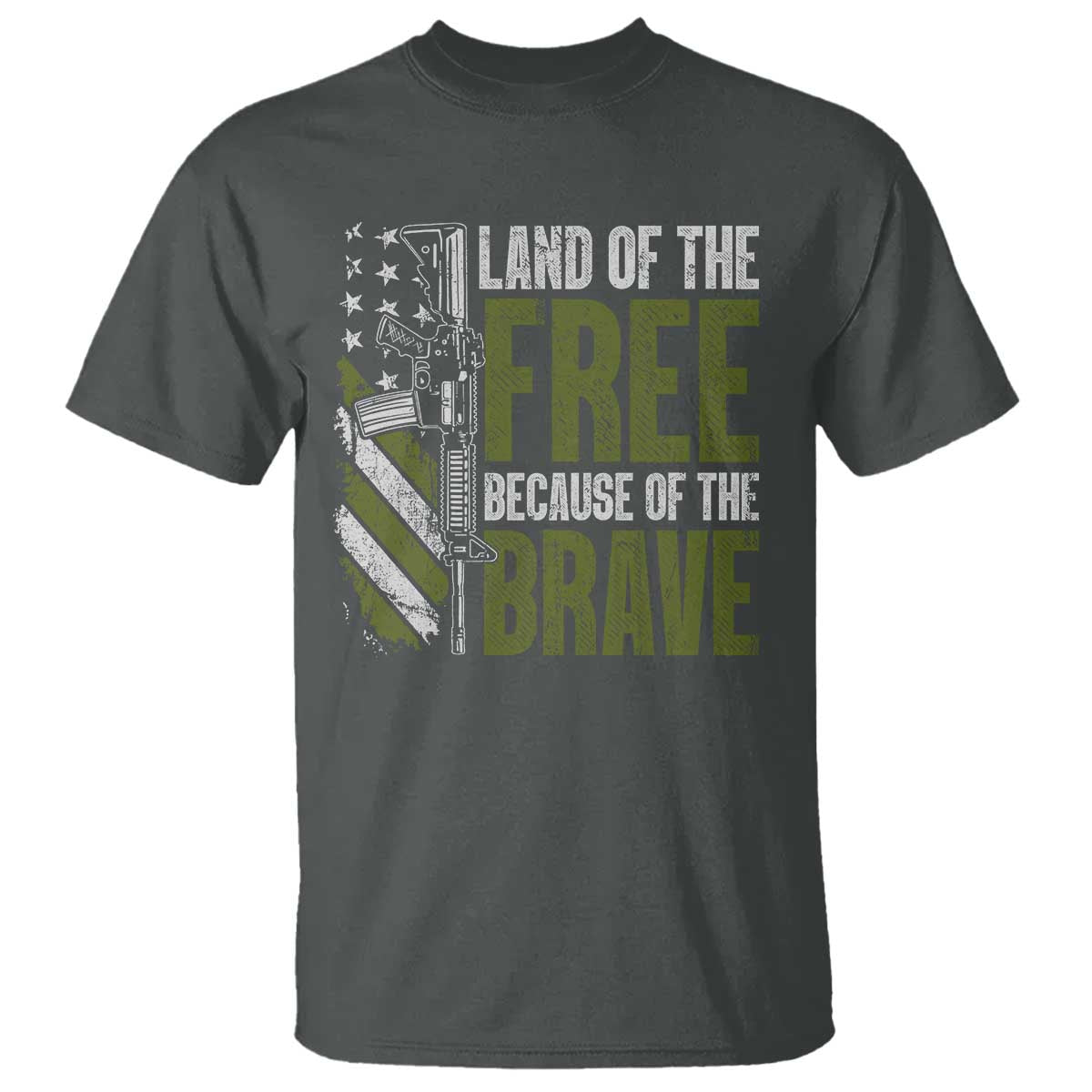 Land of the Free Because of the Brave T Shirt Gun American Flag TS10 Dark Heather Print Your Wear