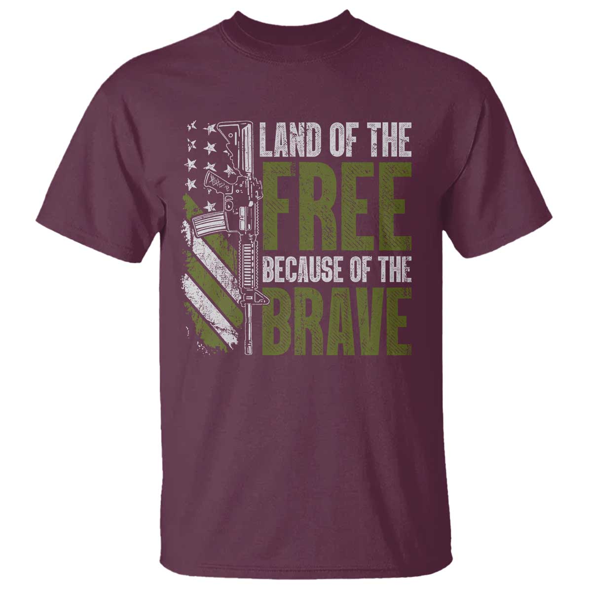 Land of the Free Because of the Brave T Shirt - Gun American Flag Patriotic Tee TS10 Maroon Print Your Wear