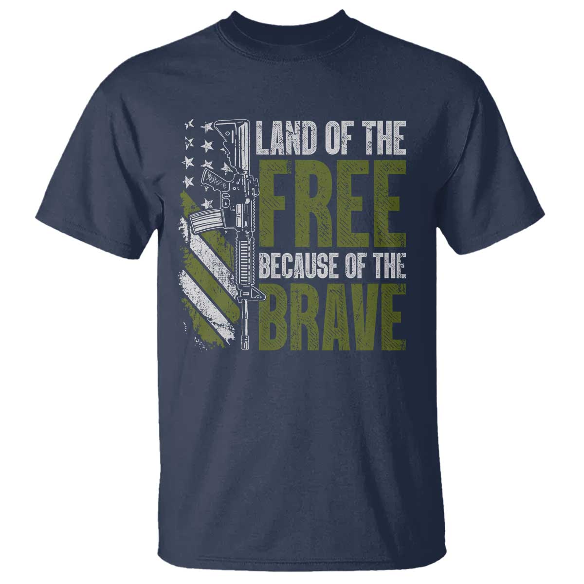 Land of the Free Because of the Brave T Shirt - Gun American Flag Patriotic Tee TS10 Navy Print Your Wear