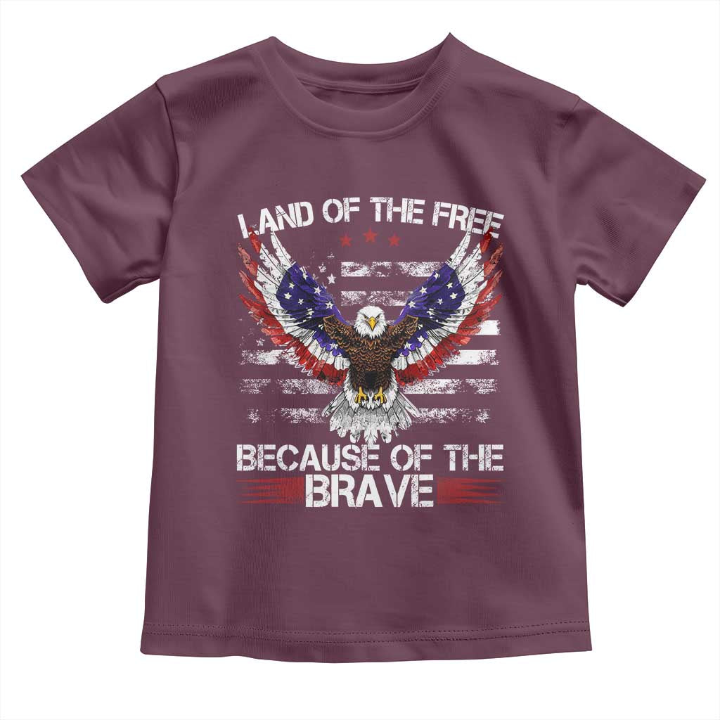 Land of the Free Because of the Brave Toddler T Shirt American Flag Patriotic Eagle 4th of July TS10 Maroon Print Your Wear