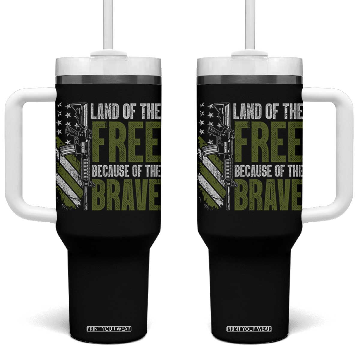 Land of the Free Because of the Brave Tumbler With Handle Gun American Flag TS10 One Size: 40 oz Black Print Your Wear