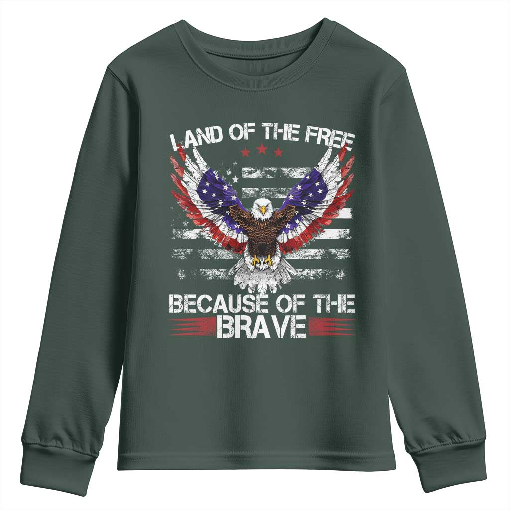 Land of the Free Because of the Brave Youth Sweatshirt American Flag Patriotic Eagle 4th of July TS10 Dark Forest Green Print Your Wear