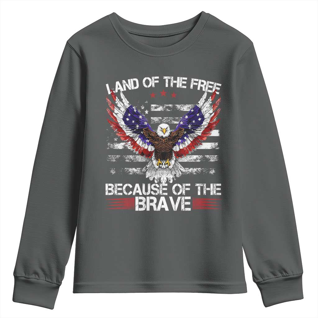 Land of the Free Because of the Brave Youth Sweatshirt American Flag Patriotic Eagle 4th of July TS10 Dark Heather Print Your Wear