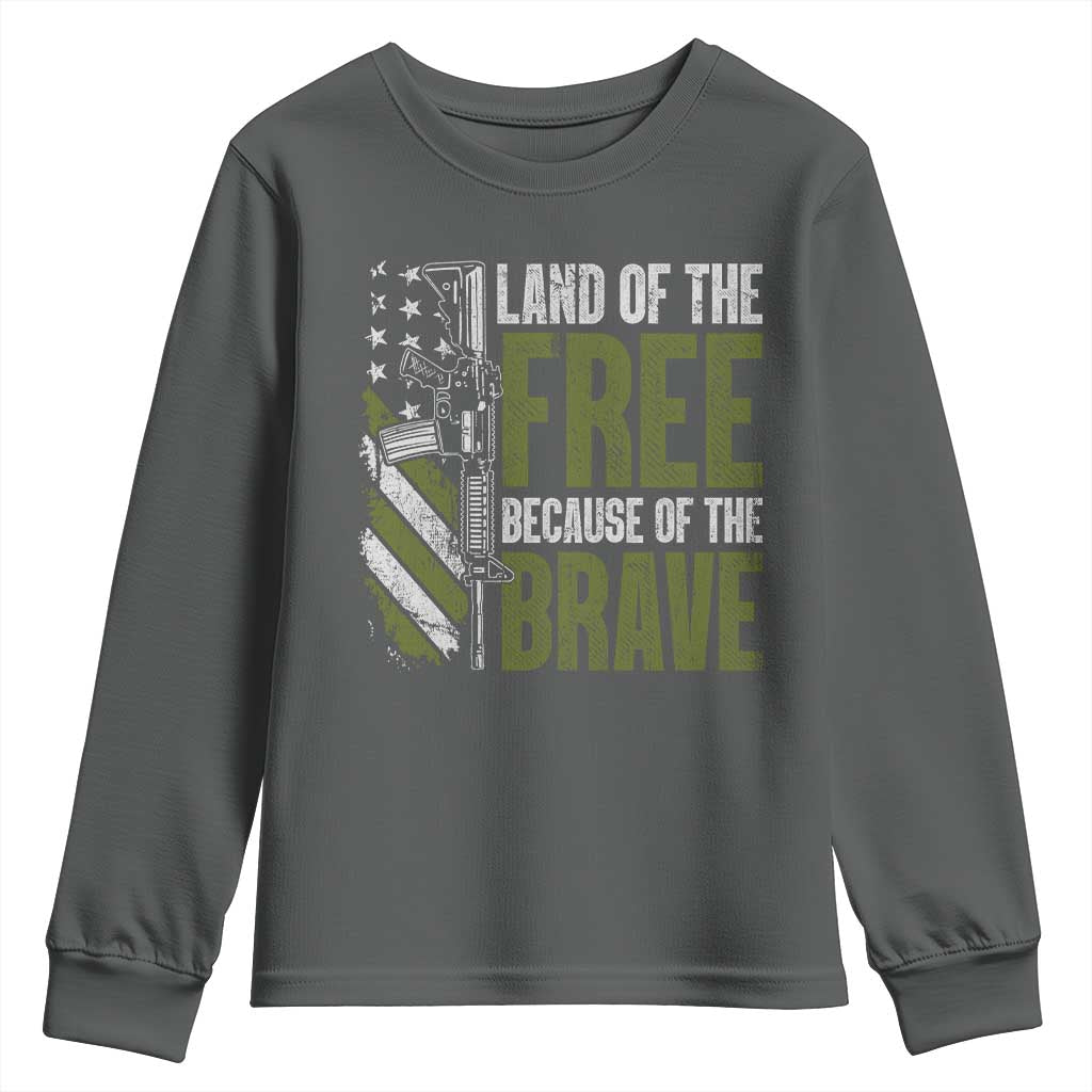 Land of the Free Because of the Brave Youth Sweatshirt Gun American Flag TS10 Dark Heather Print Your Wear