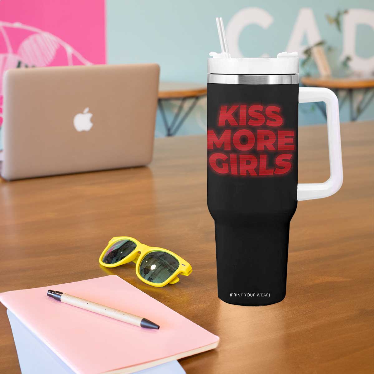 Lesbian Tumbler With Handle Kiss More Girls Funny Pride Month TS10 Print Your Wear