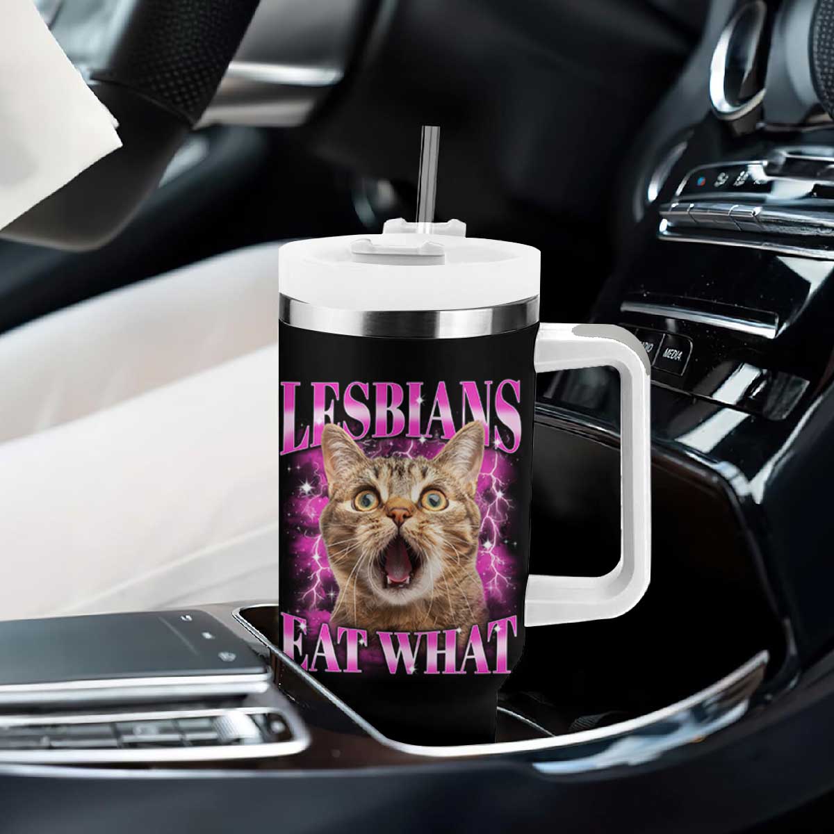 Lesbians Eat What Tumbler With Handle Funny Cat Gay Pride LGBTQ Pun TS10 Print Your Wear
