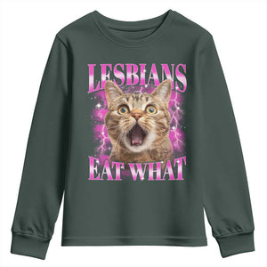 Lesbians Eat What Youth Sweatshirt Funny Cat Gay Pride LGBTQ Pun TS10 Dark Forest Green Print Your Wear
