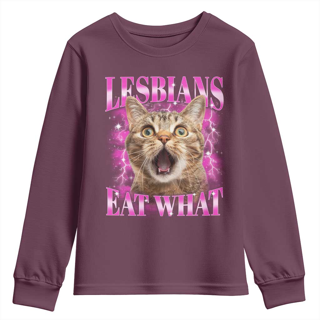Lesbians Eat What Youth Sweatshirt Funny Cat Gay Pride LGBTQ Pun TS10 Maroon Print Your Wear
