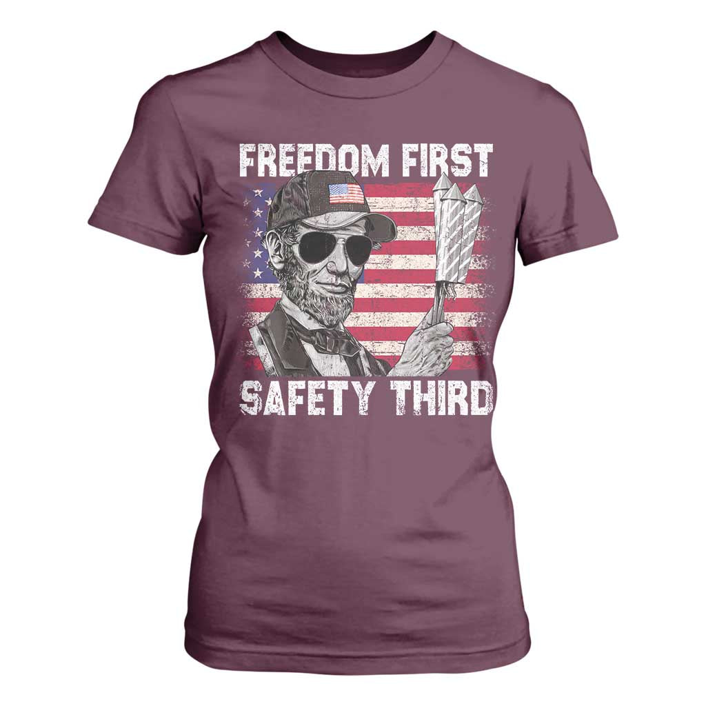 Lincoln 4th Of July T Shirt For Women Abe Freedom First Safety Third American Flag TS10 Maroon Print Your Wear