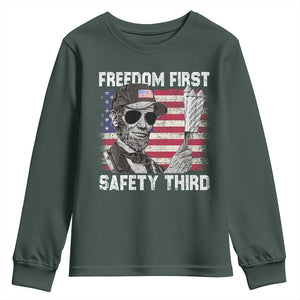 Lincoln 4th Of July Youth Sweatshirt Abe Freedom First Safety Third American Flag TS10 Dark Forest Green Print Your Wear