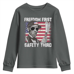 Lincoln 4th Of July Youth Sweatshirt Abe Freedom First Safety Third American Flag TS10 Dark Heather Print Your Wear