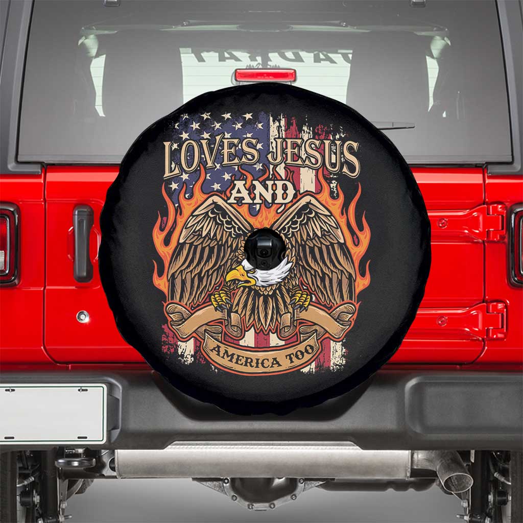 Loves Jesus and America Too Spare Tire Cover Christian Eagle 4th of July TS02 Black Print Your Wear