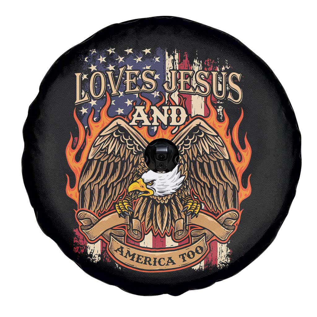 Loves Jesus and America Too Spare Tire Cover Christian Eagle 4th of July TS02 Print Your Wear