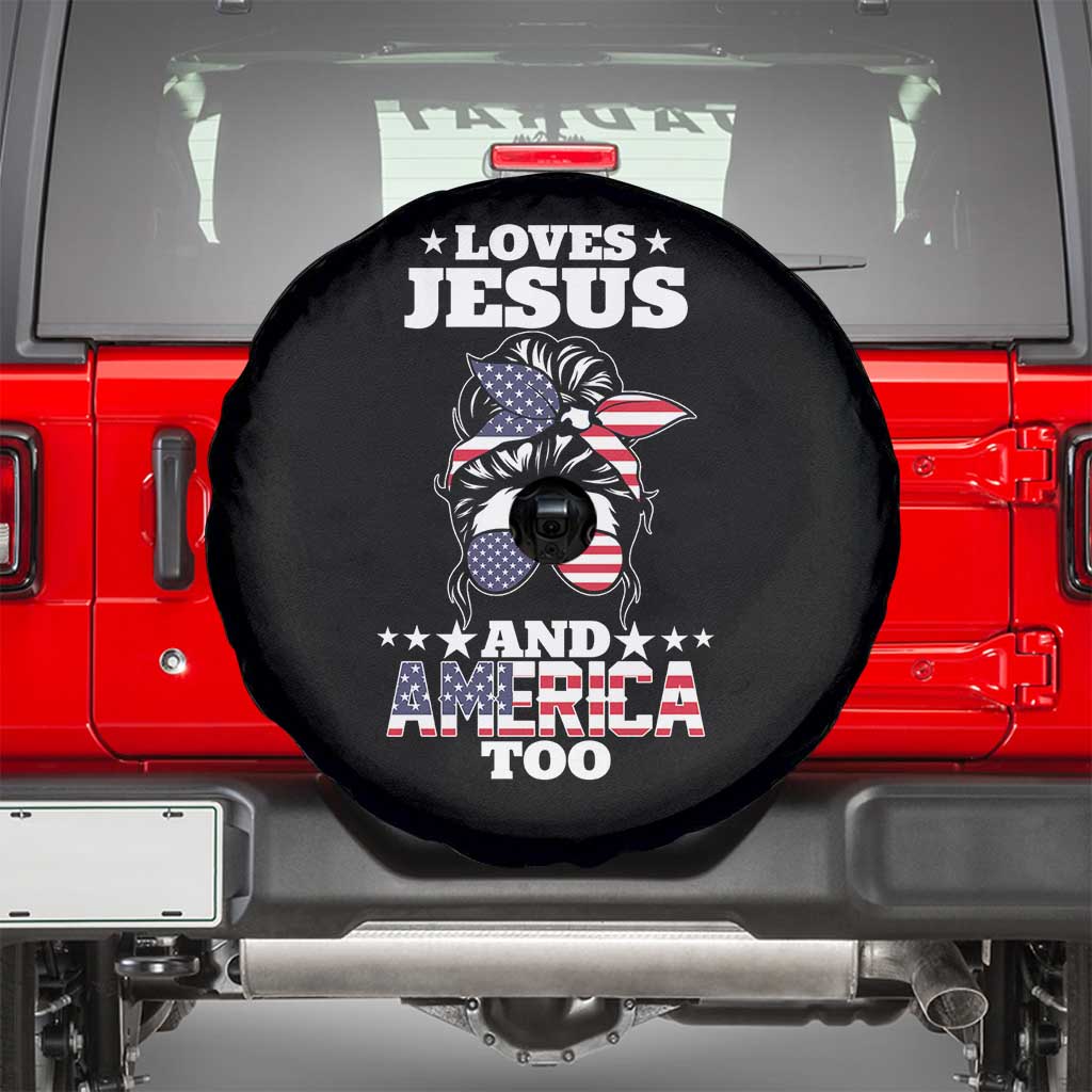 Loves Jesus and America Too Spare Tire Cover Christian Messy Bun 4th of July TS02 Black Print Your Wear