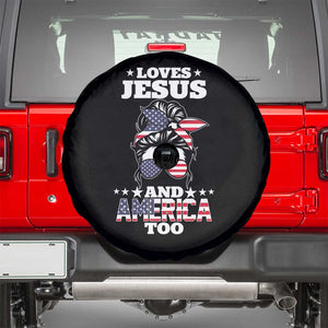 Loves Jesus and America Too Spare Tire Cover Christian Messy Bun 4th of July TS02 Black Print Your Wear