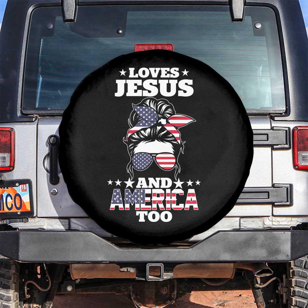 Loves Jesus and America Too Spare Tire Cover Christian Messy Bun 4th of July TS02 No hole Black Print Your Wear