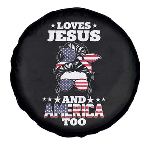 Loves Jesus and America Too Spare Tire Cover Christian Messy Bun 4th of July TS02 Print Your Wear