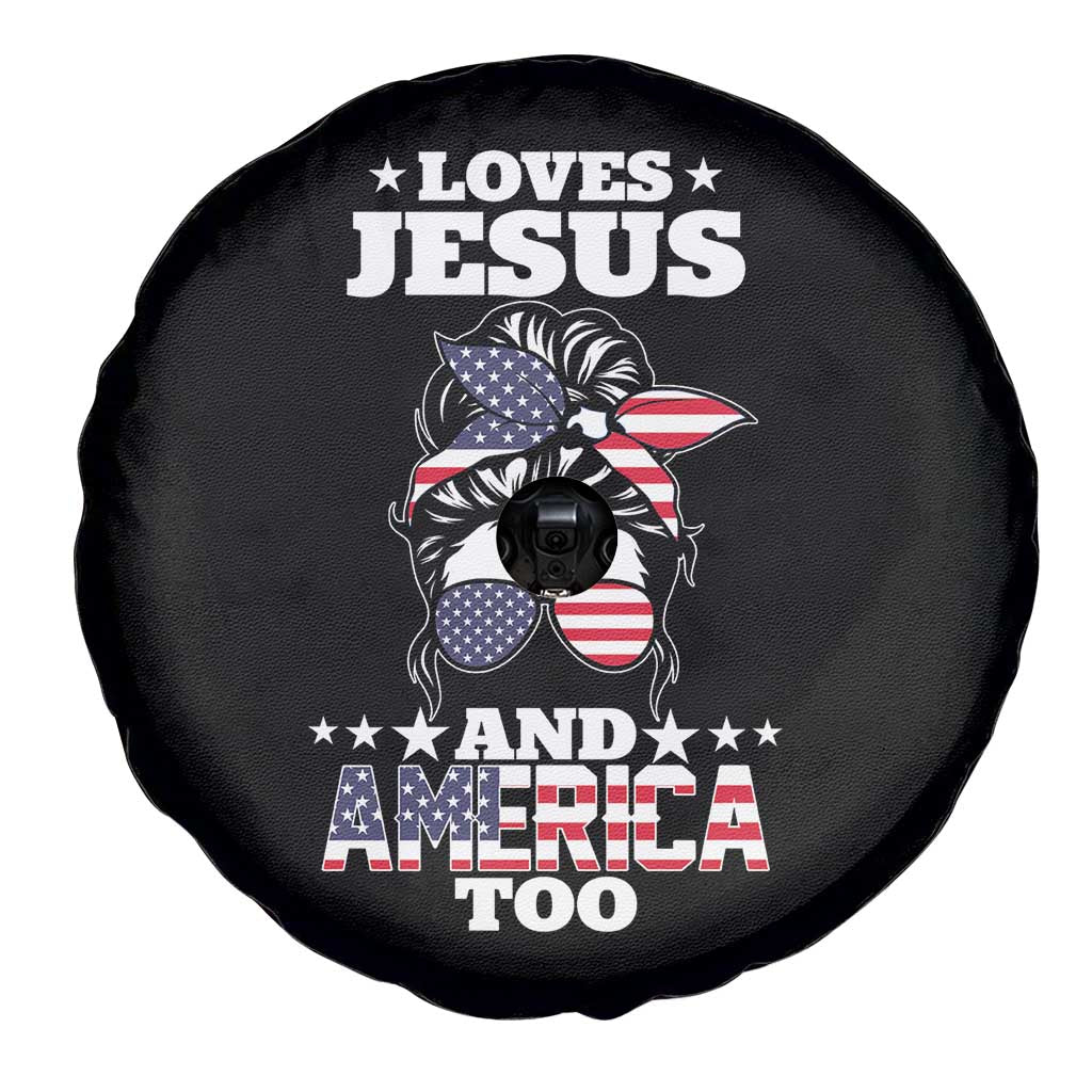 Loves Jesus and America Too Spare Tire Cover Christian Messy Bun 4th of July TS02 Print Your Wear
